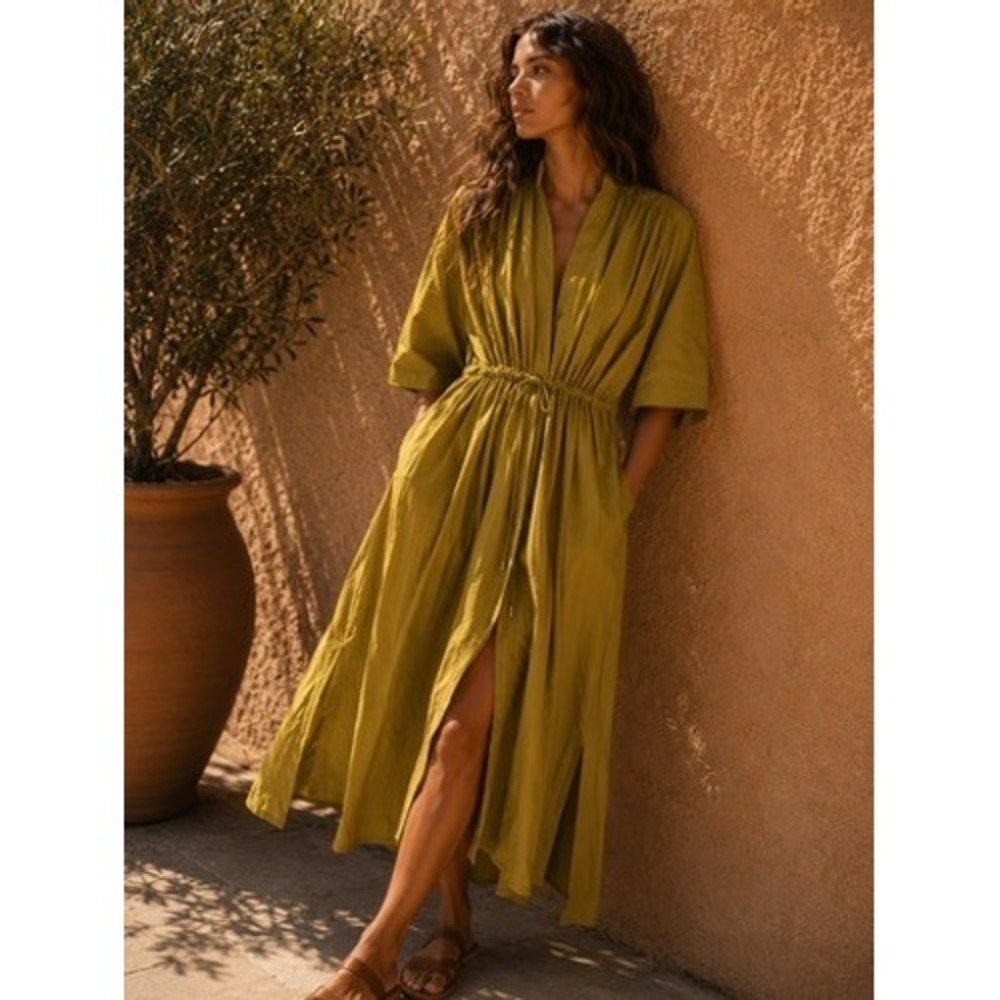 Carla Rockmore  Mustard Cotton V-Neck Everyday Everywhere Shirt Dress Womens M